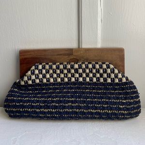 Blue and Gold Knit Clutch with Wooden Clasp Handle